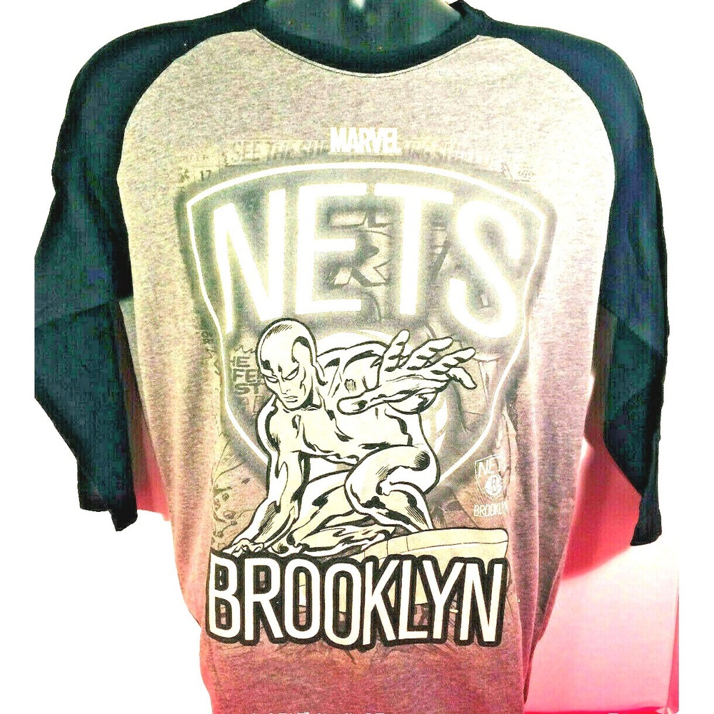 NBA Marvel Comics Men Size M Grey Brooklyn Nets Shirt Silver Surfer Basketball